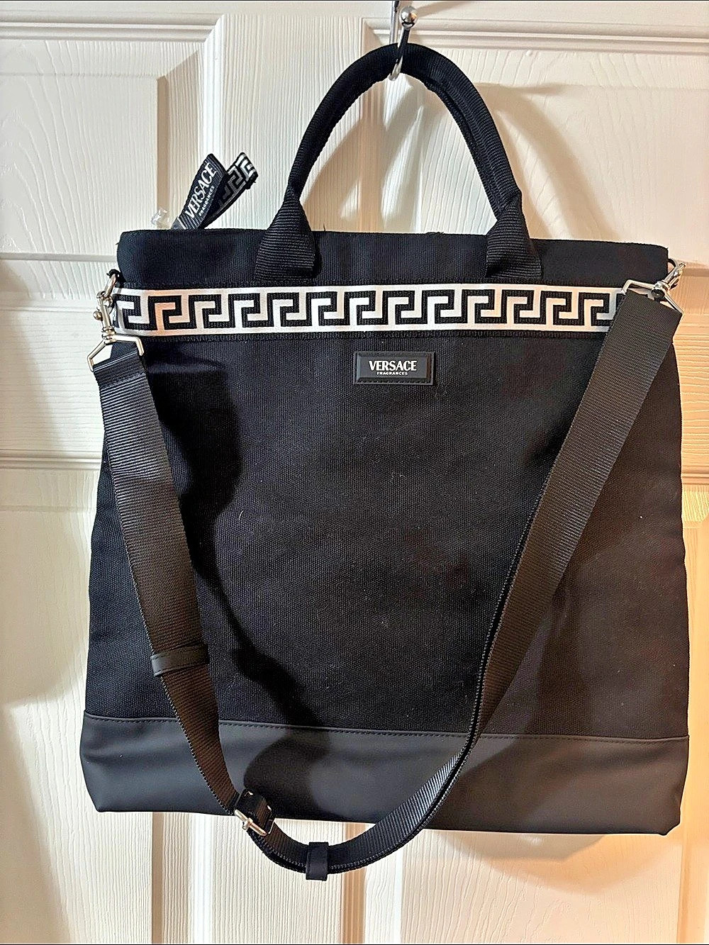 New Versace Black Canvas Tote Bag with Greek Key Trim